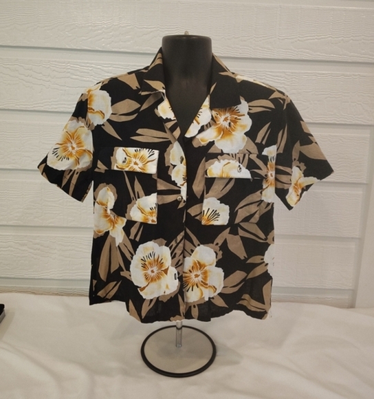 Floral Black and Tan Womans Hawaiian Resortware Vacation Beach Retro 90s - Picture 1 of 8